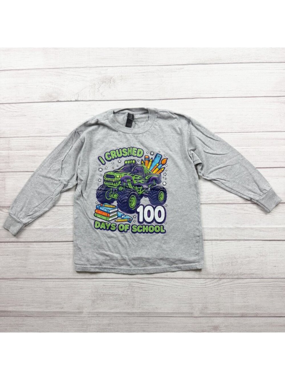 Gildan Long Sleeve "I Crushed 100 Days Of School" Monster Truck Shirt Gray S